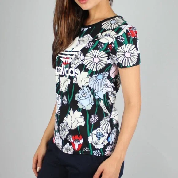 Adidas Trefoil Tee in Black/Multi Floral Print - Picture 4 of 9